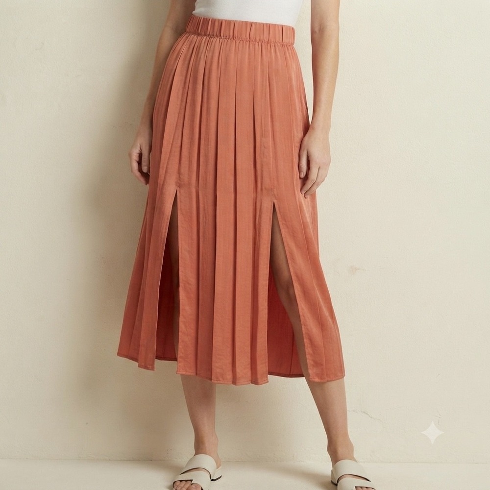 Topshop Pleated Midi Skirt Coral Terracotta Double Slit Elastic Waist NWT Sz 4